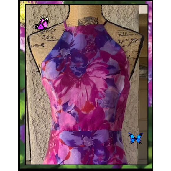 Lulus Magenta Floral Organza Tie Bow Back Trumpet Midi Dress Size Small - Picture 2 of 10
